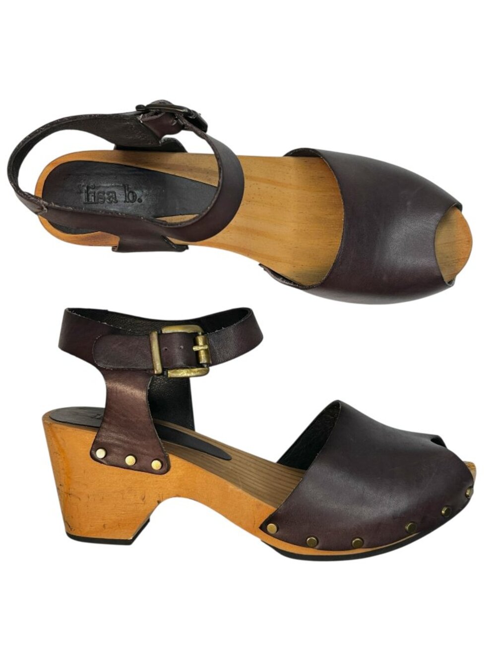 Lisa B. Peep Toe Clogs Low Wood Heel Chocolate Brown Leather 40 8.5/9